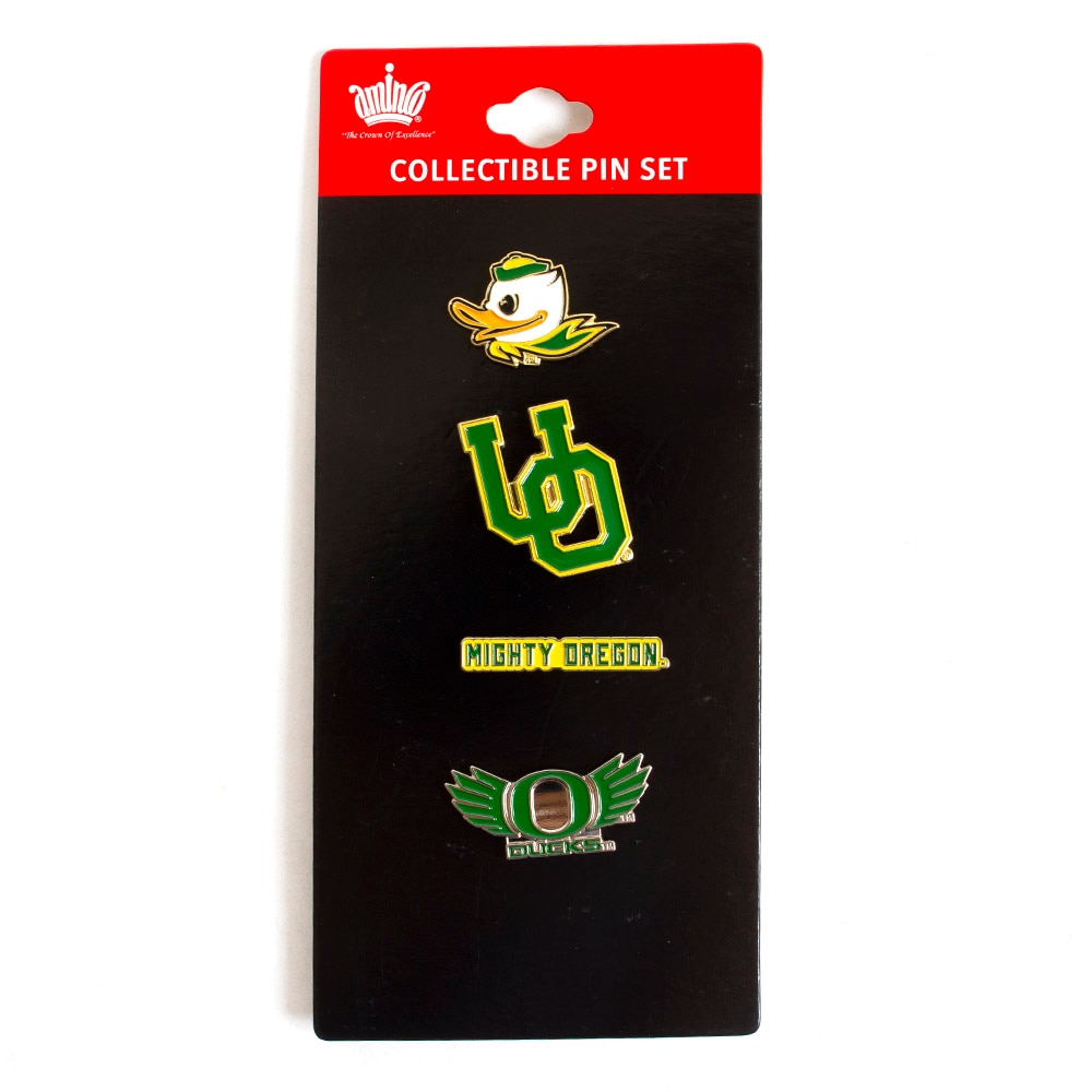 Fighting Duck, Lapel Pins, Metal, Gifts, Unisex, Aminco, Collectible, 4 pack, Interlocking UO, Mighty Oregon, O Wings, 621127